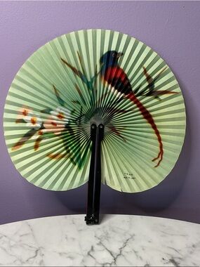 Vintage Made in China Handheld Folding Fan with Colorful Bird Design